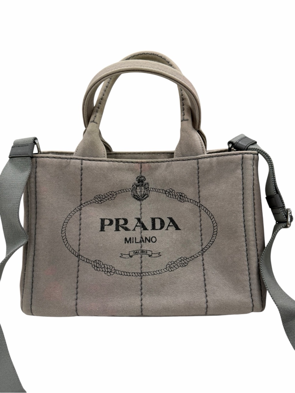 Prada Canapa Mini Tote Bag 1bg439 Nube Gray Denim 2 Way Crossbody Auth Card
